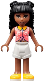 LEGO Friends Priyanka, Coral Knotted Blouse with White Swirls, White Shorts, Yellow Shoes minifigure