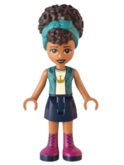 LEGO Friends Andrea, Dark Turquoise Jacket over White Top with Crown, Dark Blue Skirt with Magenta Boots, Dark Turquoise Head Wrap minifigure