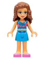 LEGO Friends Olivia, Dark Azure Skirt and Top with Magenta and Coral Roses, Dark Pink Shoes minifigure