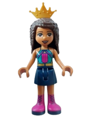 LEGO Friends Andrea - Dark Turquoise Halter Top with Magenta Stripes and Dots, Dark Blue Skirt with Magenta Boots, Pearl Gold Tiara minifigure