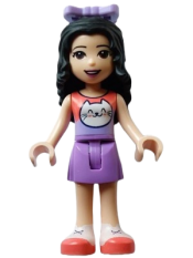 LEGO Friends Emma - Coral and Lavender Top with Cat Head, Medium Lavender Skirt, White Shoes with Coral Soles, Lavender Bow minifigure