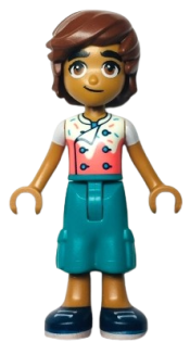 LEGO Friends Leo - White and Coral Chef Shirt with Sprinkles, Dark Turquoise Trousers Cropped Large Pockets, Dark Blue Shoes minifigure