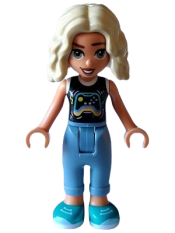 LEGO Friends Nova - Black and White Shirt with Video Game Controller, Sand Blue Trousers, Dark Turquoise Shoes minifigure