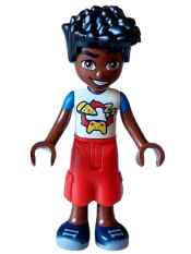 LEGO Friends Zac - White and Blue Shirt with Pizza and Game Controller, Red Trousers Cropped Large Pockets, Dark Blue Shoes minifigure