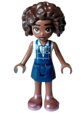 LEGO Friends Aliya - Dark Blue Gym Slip Top over White Blouse, Dark Blue Skirt, Metallic Pink Sandals minifigure