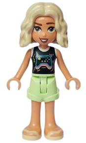 LEGO Friends Nova - Black and White Shirt with Video Game Controller, Yellowish Green Shorts, Bright Light Yellow Sandals minifigure