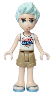 LEGO Friends Charli - White Top with Dark Blue Trim and Palm Trees, Dark Tan Shorts, Metallic Light Blue Sandals minifigure