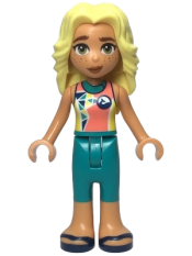 LEGO Friends Dia - Coral and Yellow Wetsuit with Dolphin / Whale Logo and Triangles, Dark Turquoise Trousers, Dark Blue Sandals minifigure