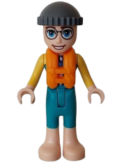 LEGO Friends Gunnar - Dark Turquoise and Yellow Wetsuit Long Sleeves, Dark Bluish Gray Knitted Cap, Orange Life Jacket, Bare Feet minifigure