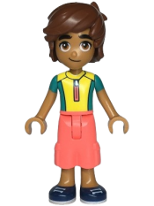 LEGO Friends Leo - Dark Turquoise and Yellow Wetsuit, Coral Trousers Cropped Large Pockets, Medium Nougat Legs, Dark Blue Shoes minifigure