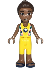 LEGO Friends Kayla - Yellow Sleeveless Wetsuit, Yellow Trousers Cropped Large Pockets, Medium Brown Legs, Dark Blue Sandals minifigure