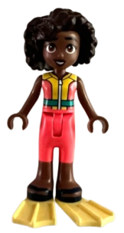 LEGO Friends Aliya - Coral and Yellow Sleeveless Wetsuit, Dark Turquoise Belt, Dark Blue Sandals, Bright Light Yellow Flippers minifigure