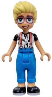 LEGO Friends Olly - White Shirt with Black Stripes, Coral Suspenders, Dark Azure Trousers, Black Shoes minifigure