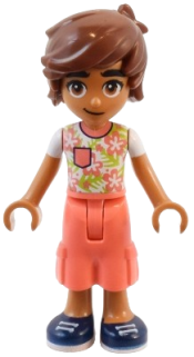 LEGO Friends Leo - White Shirt with Coral Flowers, Coral Trousers Cropped Large Pockets, Dark Blue Shoes minifigure