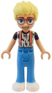 LEGO Friends Olly - White Shirt with Black Stripes, Coral Suspenders, Dark Azure Trousers, White Shoes minifigure