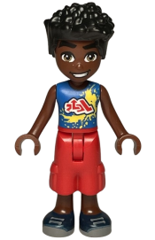 LEGO Friends Zac - Blue Shirt with Red Symbols and Yellow Splotches, Red Trousers Cropped Large Pockets, Dark Blue Shoes minifigure