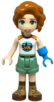 LEGO Friends Autumn - White and Orange Sleeveless Top with Tent, Sand Green Shorts, Nougat and Reddish Brown Boots, Prosthetic Hand minifigure