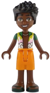 LEGO Friends Zac - Bright Green, Bright Pink, Lime and White Open Shirt, Orange Shorts, Dark Green Sandals set