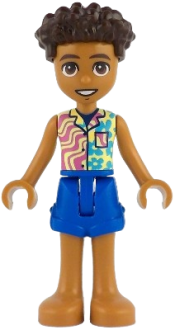 LEGO Friends Aron - Yellowish Green and Bright Light Yellow Shirt with Dark Azure Flowers and Dark Pink Wavy Lines, Blue Shorts, Bare Feet set