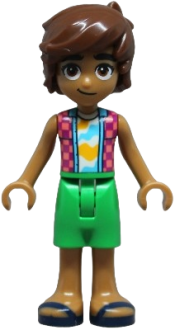 LEGO Friends Leo - Dark Pink and Magenta Checkered Sleeveless Shirt, Bright Green Shorts, Dark Blue Sandals set