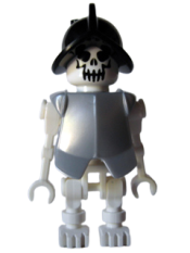 LEGO Skeleton, Fantasy Era Torso with Evil Skull, Black Conquistador Helmet, Pearl Light Gray Armor minifigure