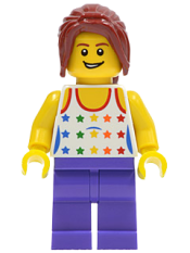 LEGO Shirt with Female Rainbow Stars Pattern, Dark Purple Legs, Dark Red Hair Ponytail Long with Side Bangs minifigure