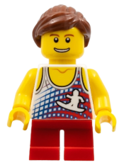 LEGO Tank Top with Surfer Silhouette, Red Short Legs, Reddish Brown Ponytail and Swept Sideways Fringe minifigure