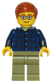 LEGO Plaid Button Shirt, Olive Green Legs, Dark Orange Smooth Hair minifigure