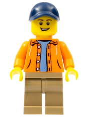 LEGO Orange Jacket with Hood over Light Blue Sweater, Dark Tan Legs, Dark Blue Cap with Hole minifigure