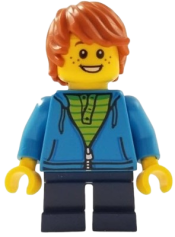 LEGO Boy, Dark Azure Hoodie with Green Striped Shirt, Dark Blue Short Legs, Freckles, Dark Orange Hair minifigure