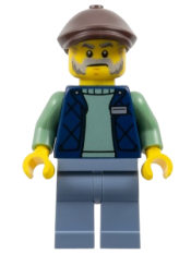 LEGO Corner Kiosk Vendor - Male, Dark Blue Bodywarmer over Sand Green Sweater, Sand Blue Legs, Dark Brown Flat Cap set