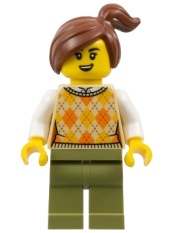 LEGO Corner Kiosk Customer - Female, Tan Knit Argyle Sweater Vest, Olive Green Legs, Reddish Brown Side Ponytail set