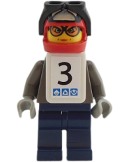 LEGO Snowboarder, Dark Gray Shirt, Dark Blue Legs, White Vest, Number 3 Sticker on Both Sides set