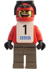 LEGO Snowboarder, Red Shirt, Dark Gray Legs, White Vest, Number 1 Sticker on Both Sides set