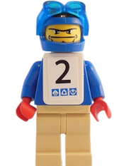 LEGO Snowboarder, Blue Shirt, Tan Legs, White Vest, Number 2 Sticker on Both Sides minifigure