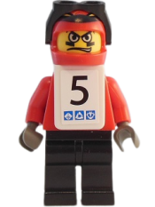LEGO Snowboarder, Red Shirt, Black Legs, White Vest, Number 5 Sticker on Both Sides set