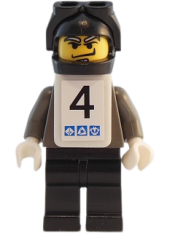 LEGO Snowboarder, Dark Gray Shirt, Black Legs, Black Helmet, White Vest, Number 4 Sticker on Both Sides set