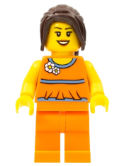 LEGO Orange Halter Top with Medium Blue Trim and Flowers Pattern, Orange Legs, Dark Brown Hair Ponytail Long with Side Bangs minifigure