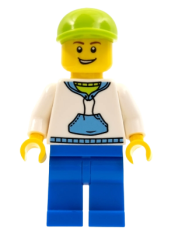 LEGO White Hoodie with Blue Pockets, Blue Legs, Lime Short Bill Cap minifigure