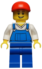 LEGO Overalls Blue over V-Neck Shirt, Blue Legs, Red Short Bill Cap, Open Grin minifigure