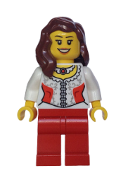 LEGO White Lace Blouse with Red Side Panels and Ruby Necklace, Red Legs, Reddish Brown Female Hair over Shoulder, Black Eyebrows minifigure