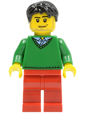 LEGO Green V-Neck Sweater, Red Legs, Black Short Tousled Hair, Smirk and Stubble Beard minifigure