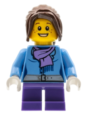 LEGO Medium Blue Jacket with Light Purple Scarf, Dark Purple Short Legs, Dark Brown Hair Ponytail Long with Side Bangs minifigure