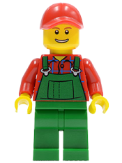 LEGO Overalls Farmer Green, Red Cap with Hole, Open Grin minifigure