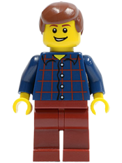 LEGO Plaid Button Shirt, Dark Red Legs, Reddish Brown Male Hair, Lopsided Grin with Teeth minifigure