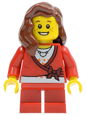 LEGO Sweater Cropped with Bow, Heart Necklace, Red Short Legs, Reddish Brown Female Hair over Shoulder minifigure