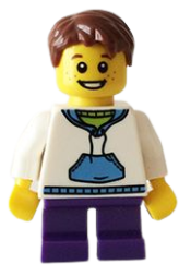 LEGO White Hoodie with Blue Pockets, Dark Purple Short Legs, Reddish Brown Hair minifigure