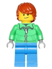 LEGO Winter Jacket Zipper, Blue Legs, Dark Orange Hair, Crooked Smile minifigure