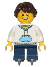 LEGO White Hoodie with Blue Pockets, Dark Blue Short Legs with Skates, Dark Brown Hair Ponytail Long French Braided minifigure