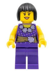 LEGO Female Dark Purple Blouse with Gold Sash and Flowers, Dark Purple Legs, Dark Brown Bob Cut Hair minifigure